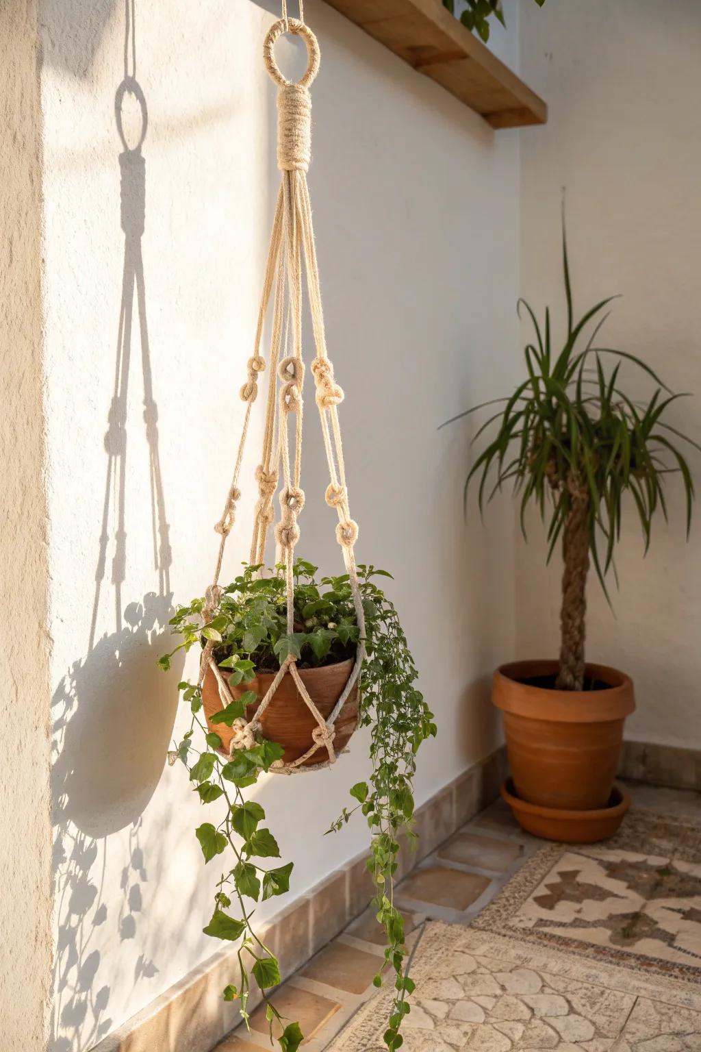 Lift your terrace garden upward with a single hanging planter on a simple overhead frame.
