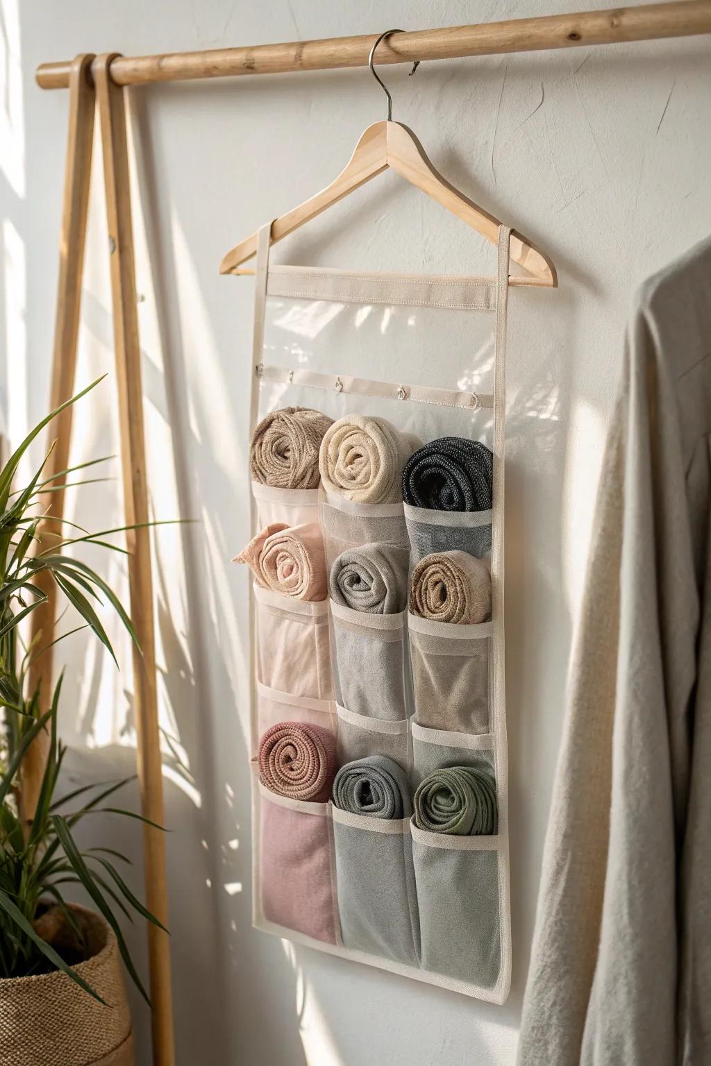 Clear hanging pocket organizer: rolled ties in view, zero clutter, perfect for small closets.