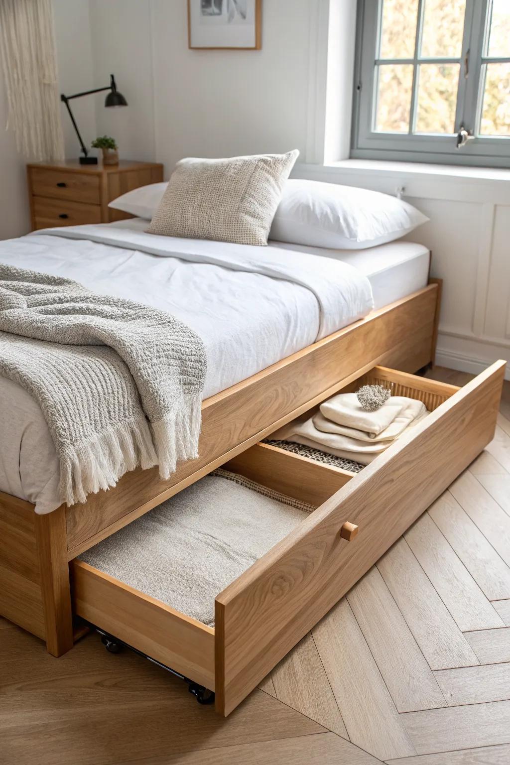 A trundle bed tucked under a built-in bench—tiny-home seating that becomes a real guest bed.