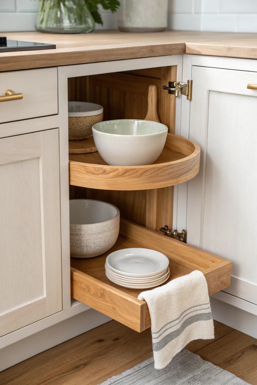 A pull-out corner organizer that turns the “dark cave” cabinet corner into easy storage.