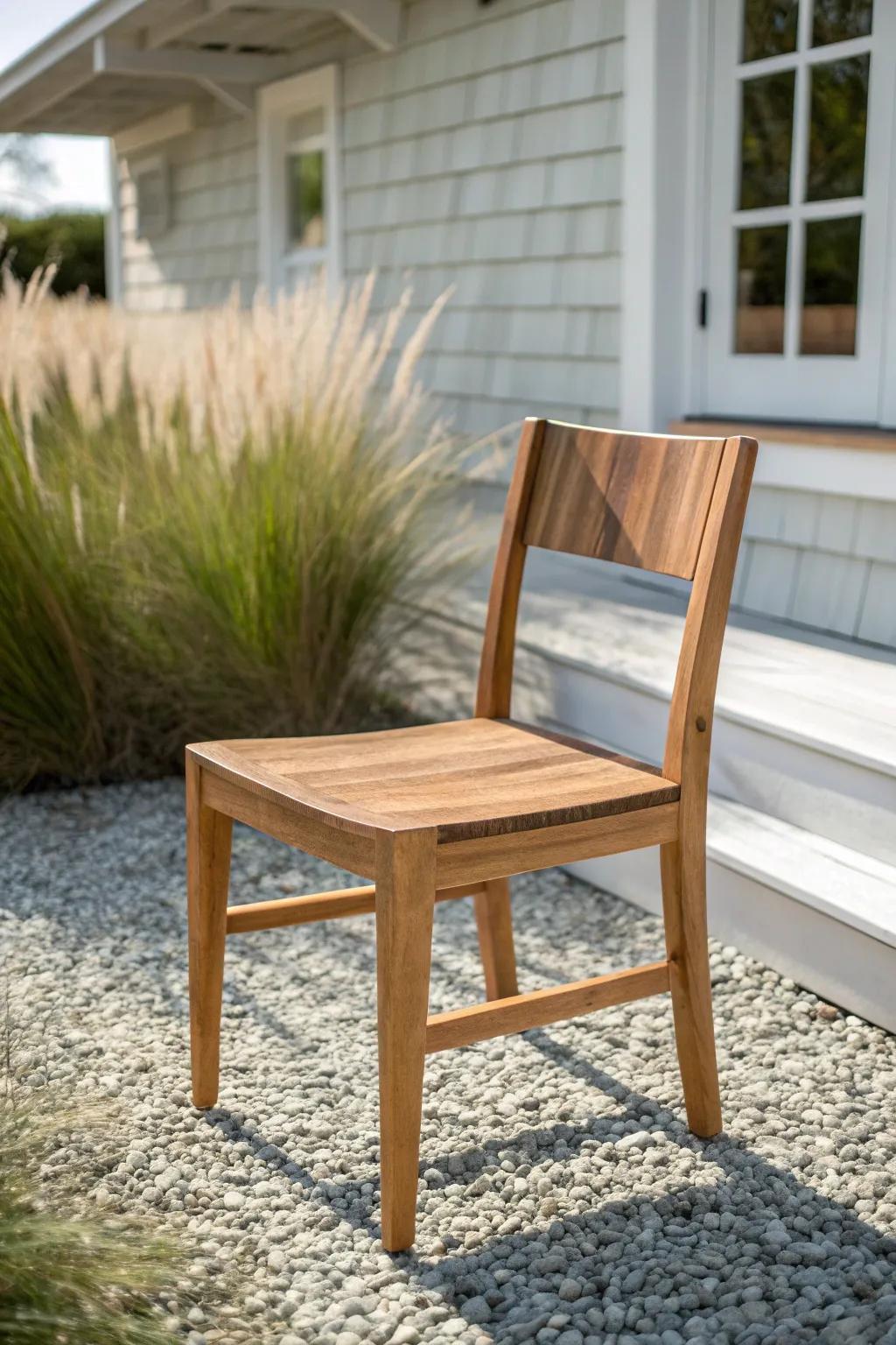 A simple teak chair on pea gravel creates an instant patio—pretty, cheap, and mud-free.
