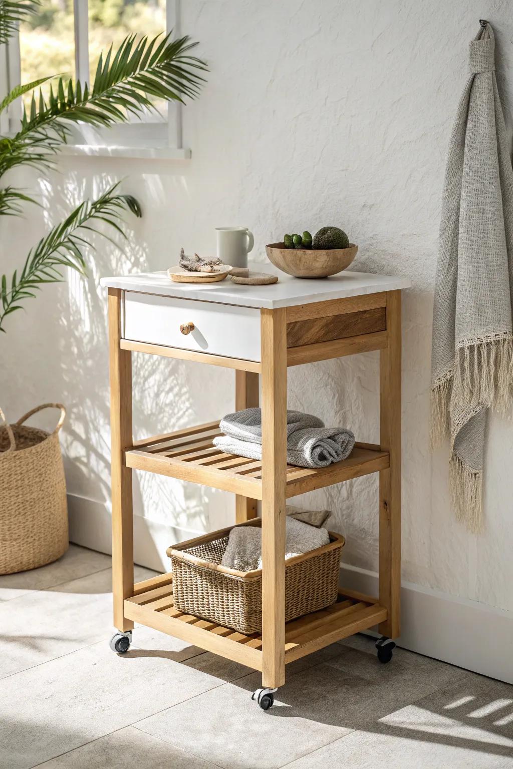 Slim rolling kitchen cart: extra prep space by day, tiny house bar cart by night.