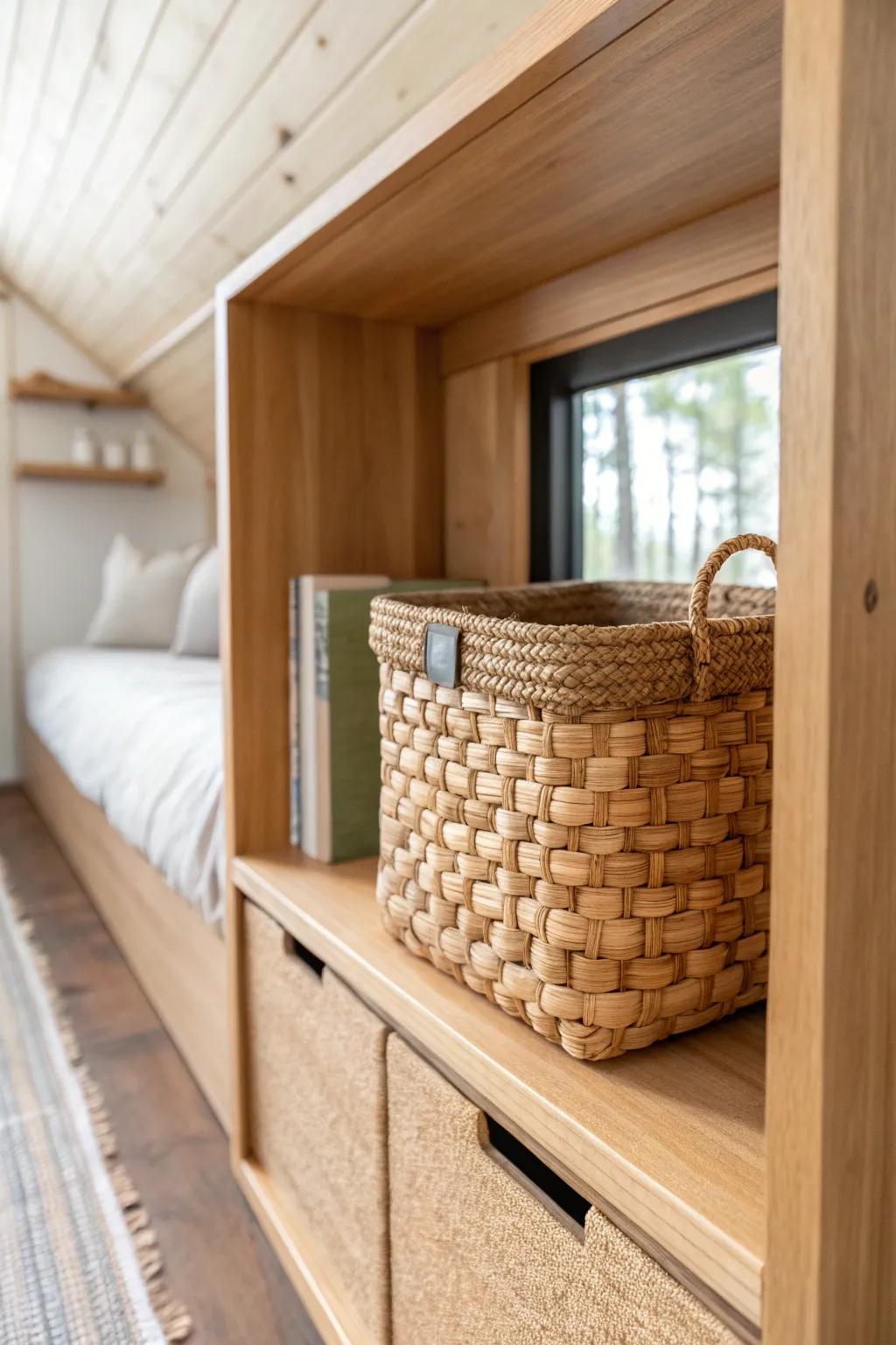 A cubby-wall basket keeps loft essentials tidy—beautiful storage right where you need it.