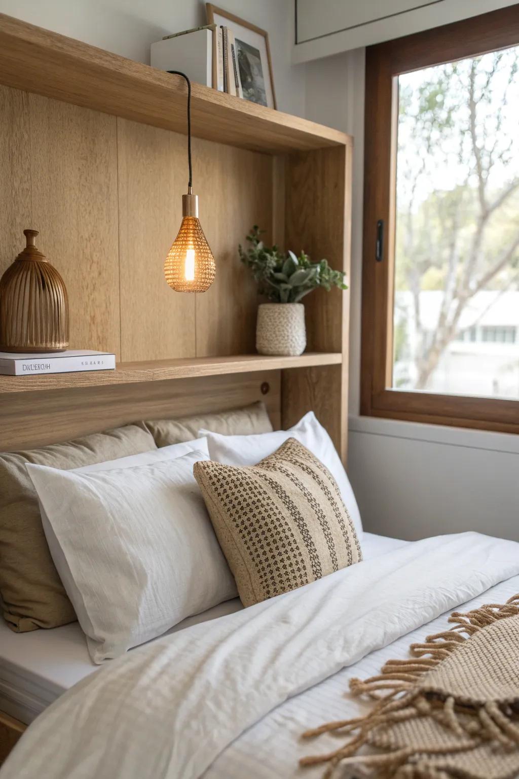 A tiny-room bed nook with built-in shelves and warm light—minimal, cozy, and beautifully contained.