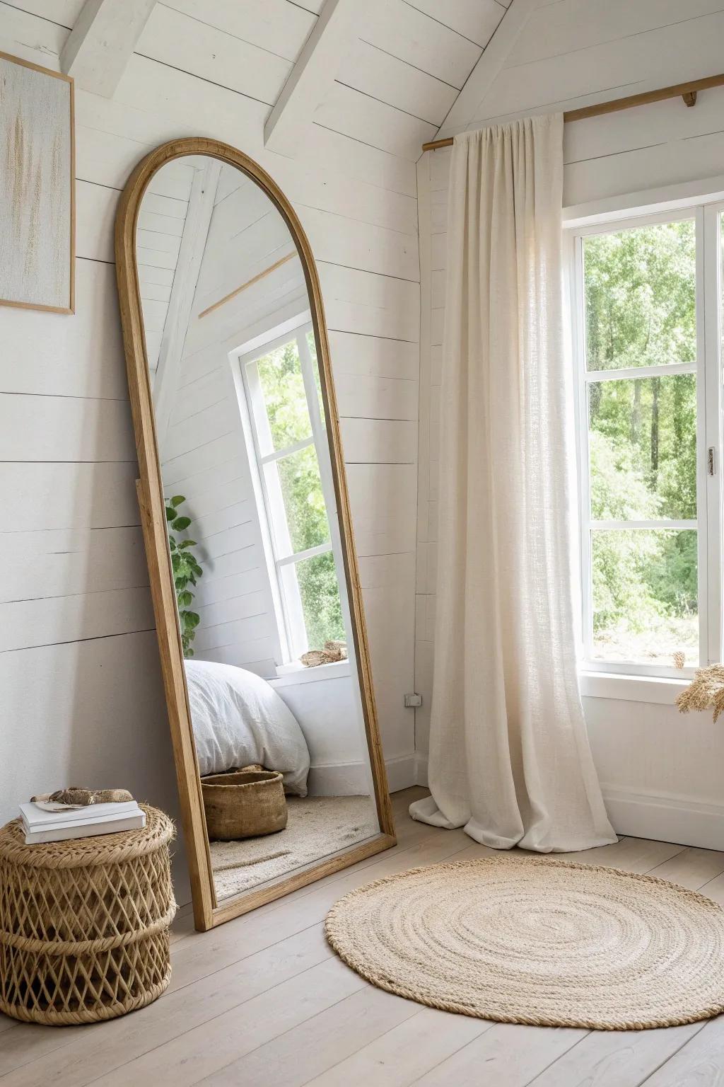 An oversized mirror opposite the window doubles light and makes a tiny room feel deeper.