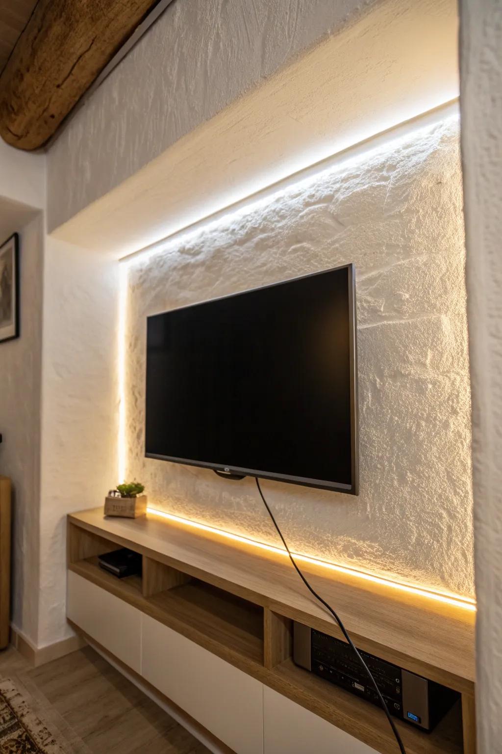 LED backlighting around the screen adds depth and a sleek high-tech glow in tiny man caves.