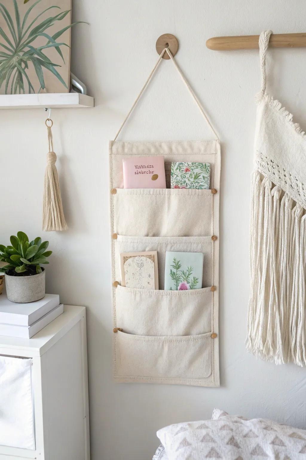 Save space with a pretty wall pocket organizer—board books stay visible and tidy.