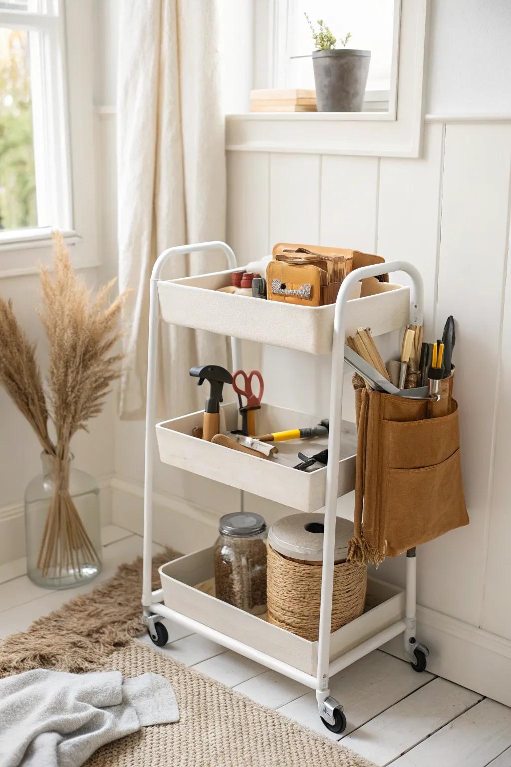 A rolling cart tool station: wheel it to your project, then tuck it away in style.