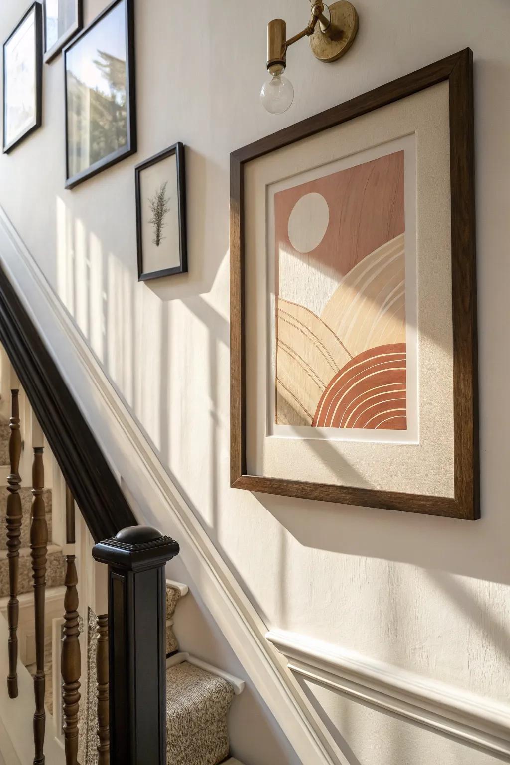 Turn the staircase wall into a gallery moment—start with one bold, crafted frame.