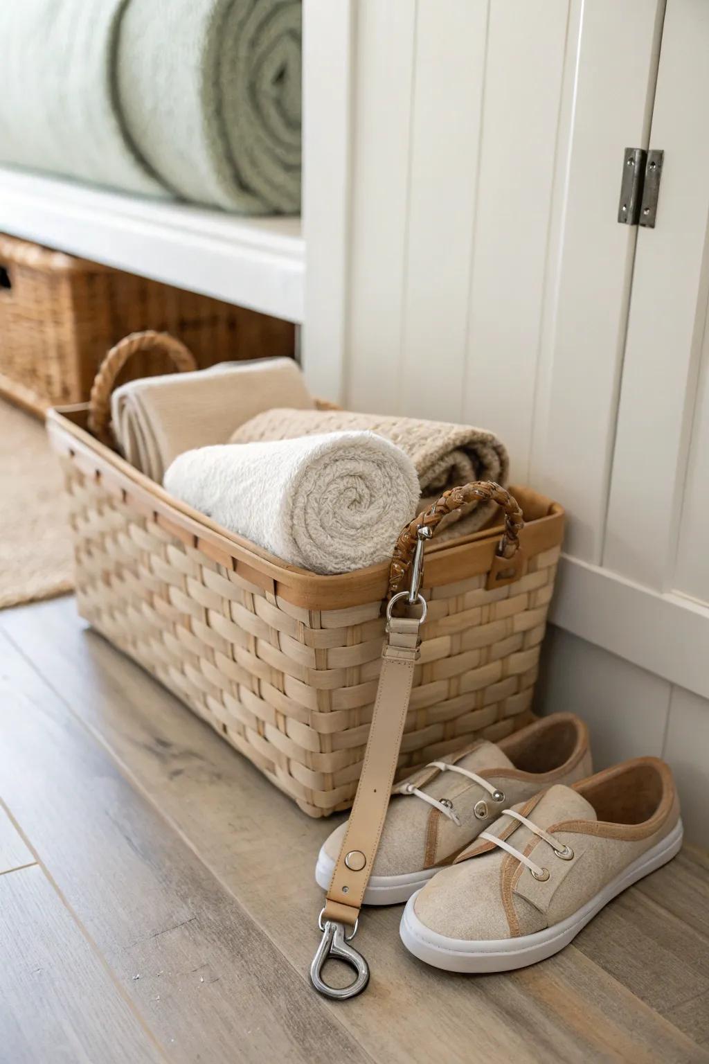 Turn toy hauler tie-down rings into chic strap-on storage for a tidy garage “mudroom” look.