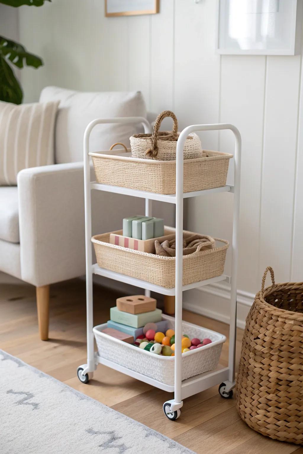 A slim rolling cart keeps this week’s favorite toys close—then glides away in seconds.