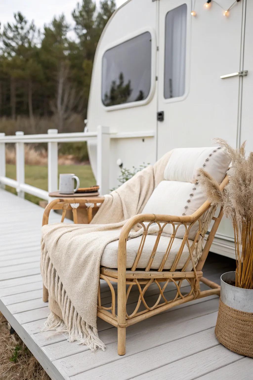 Wrap-around trailer porch glow: one cozy lounge spot that defines entry and relax zones.