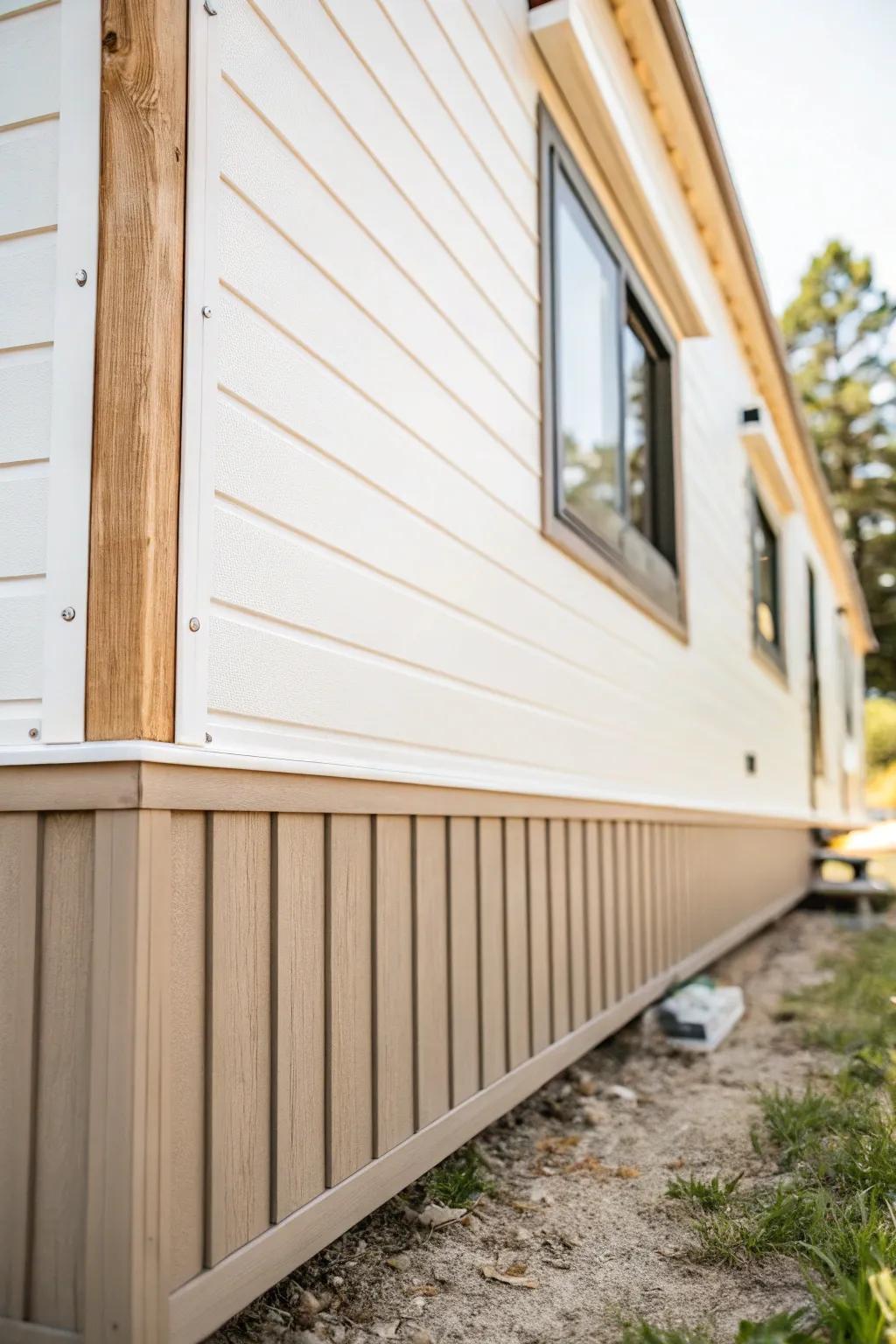 Painted trailer skirting in matte greige with subtle stripes—an easy custom glow-up.