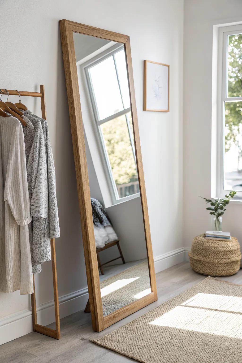 A leaning full-length mirror that bounces light and makes your closet-bedroom feel bigger.