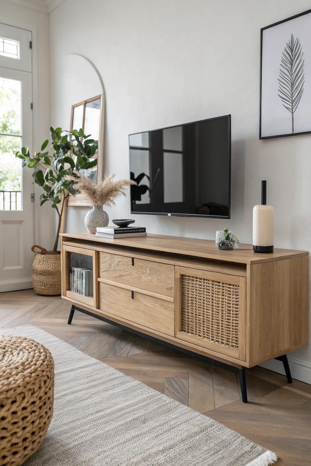Handleless TV console: push-to-open fronts and calm, clutter-free style for small living rooms.