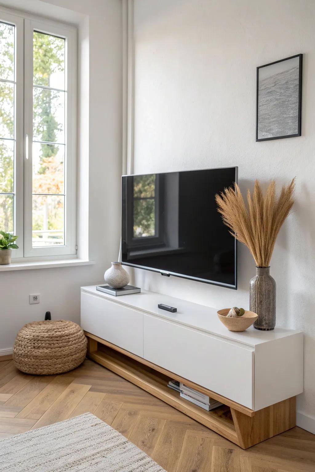 A corner-mounted TV frees up precious wall space—perfect for narrow rooms with lots of windows.