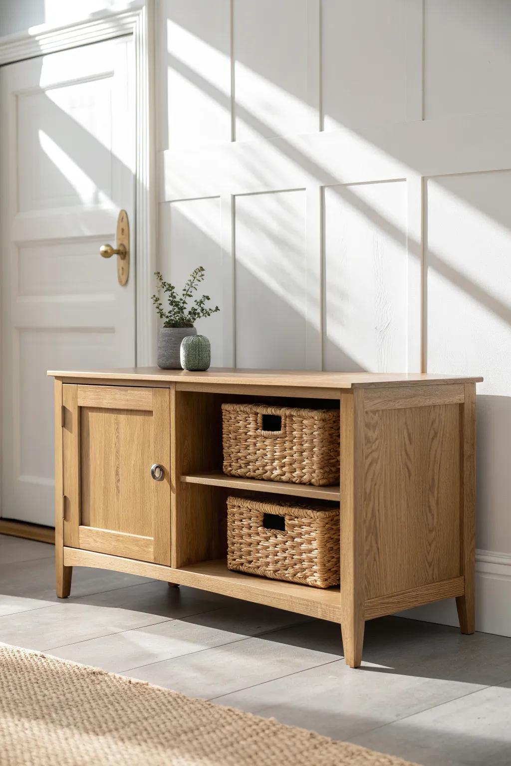Hide clutter fast: slide matching woven baskets behind TV stand doors for instant calm.