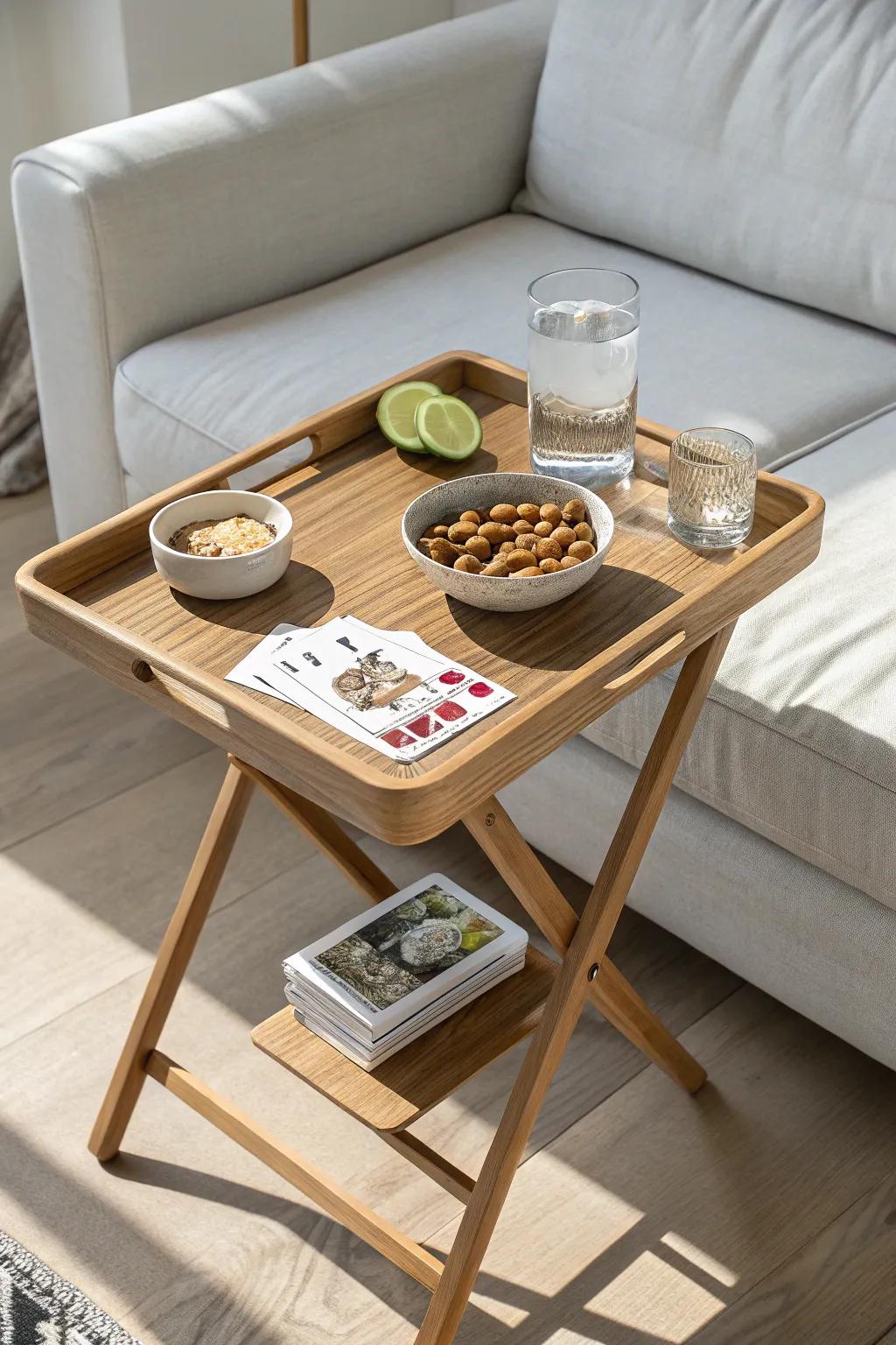 Game-night ready: a chic folding TV tray keeps cards and snacks close—without crowding.