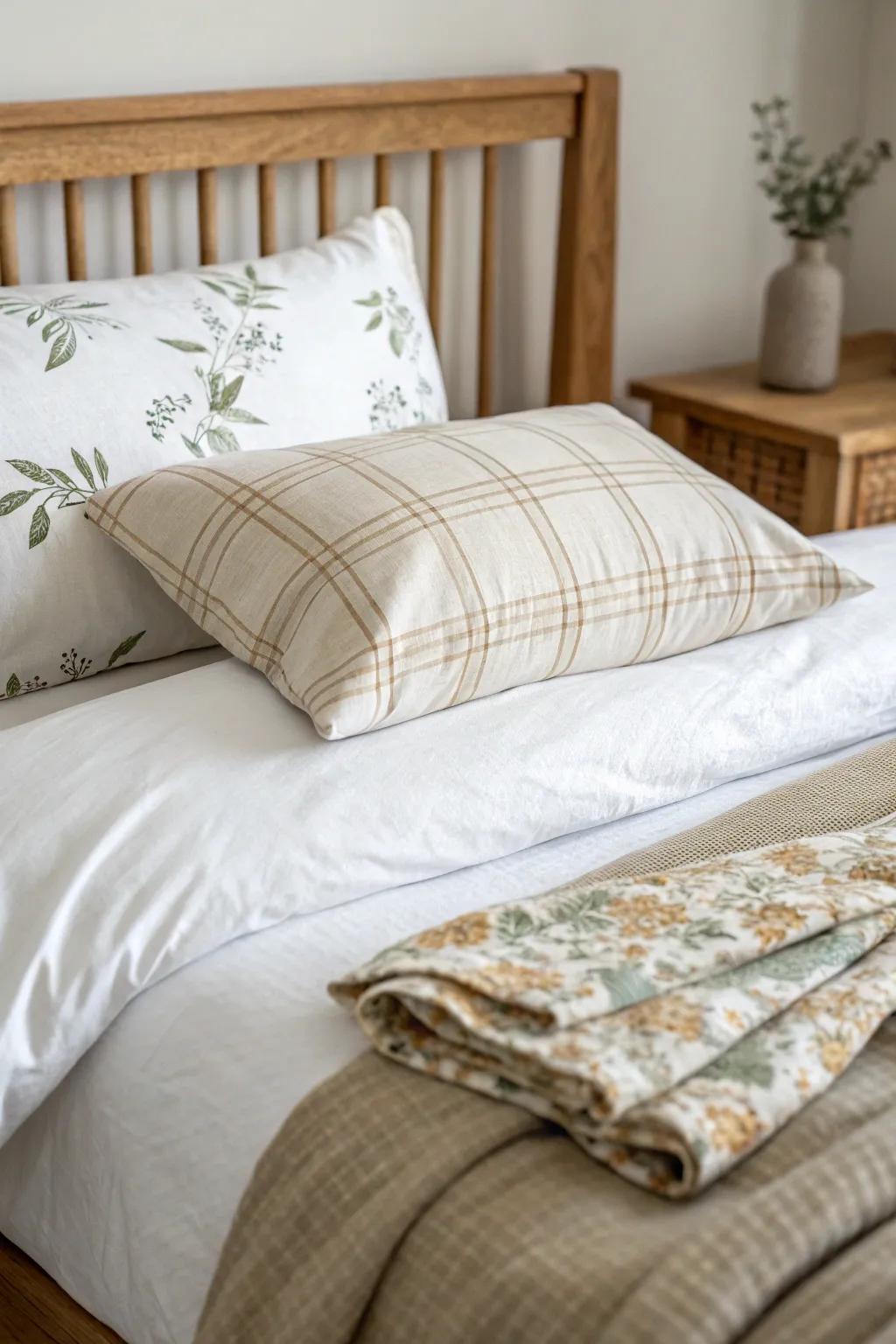 Adult twin bed styling: mix stripes, florals, and plaid in one calm color family.