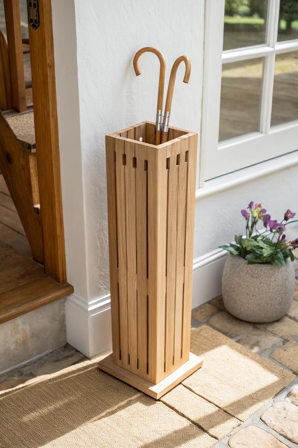 Space-smart DIY umbrella stand: one slotted board in light oak for a clean, custom look.