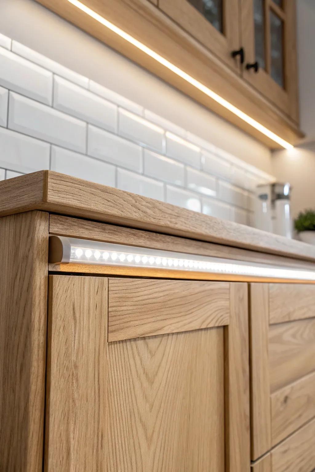 Slim under-cabinet light bar hidden from view—warm glow, zero glare, tiny-kitchen friendly.