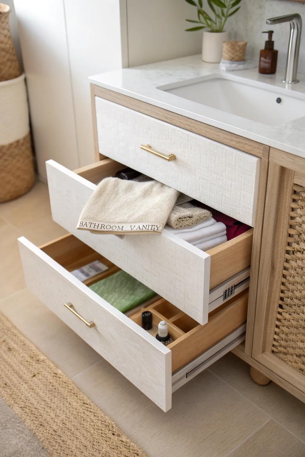 Stackable vanity drawers that separate daily essentials and backups—tidy, calm, and beautiful.