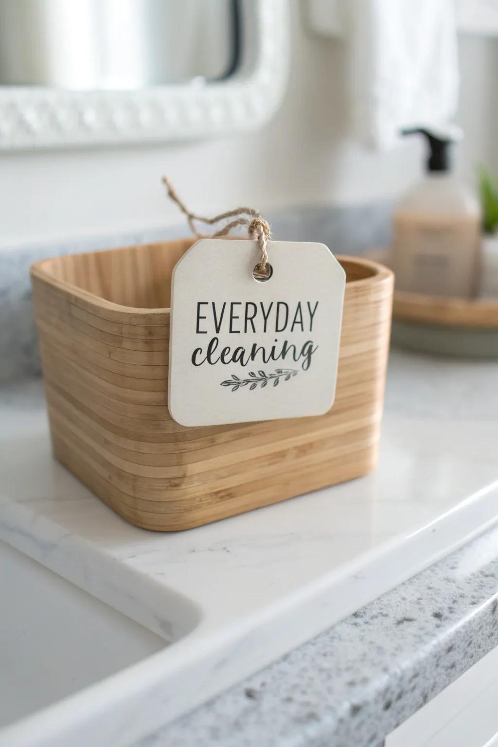 Category labels keep under-sink bins tidy—even when products change and restocks shift.