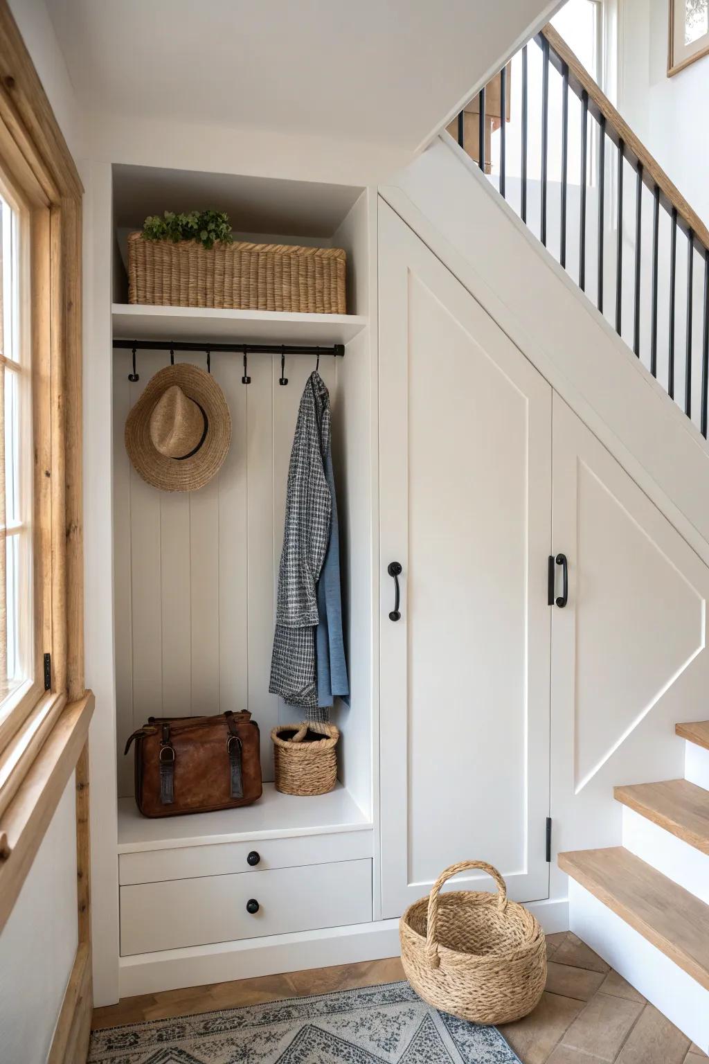 A sleek under-stair closet that hides clutter with shelves, hooks, and a hanging zone in one.