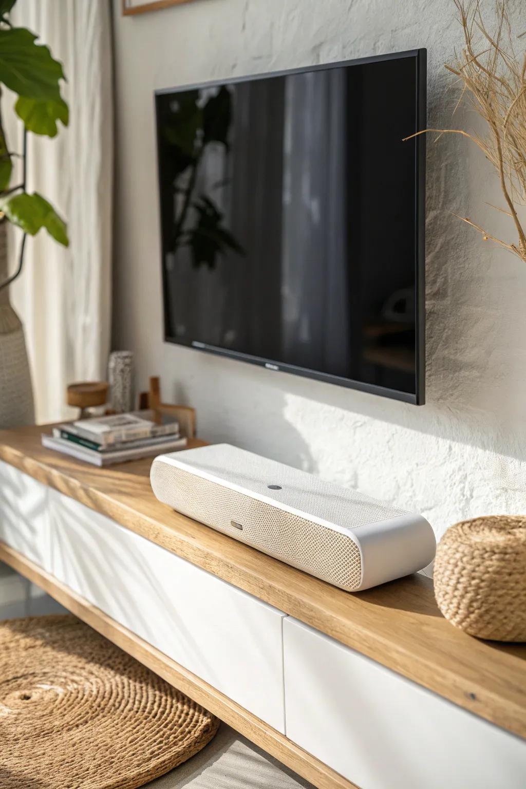 A slim floating soundbar shelf keeps the TV wall calm—clean lines, warm oak, zero clutter.