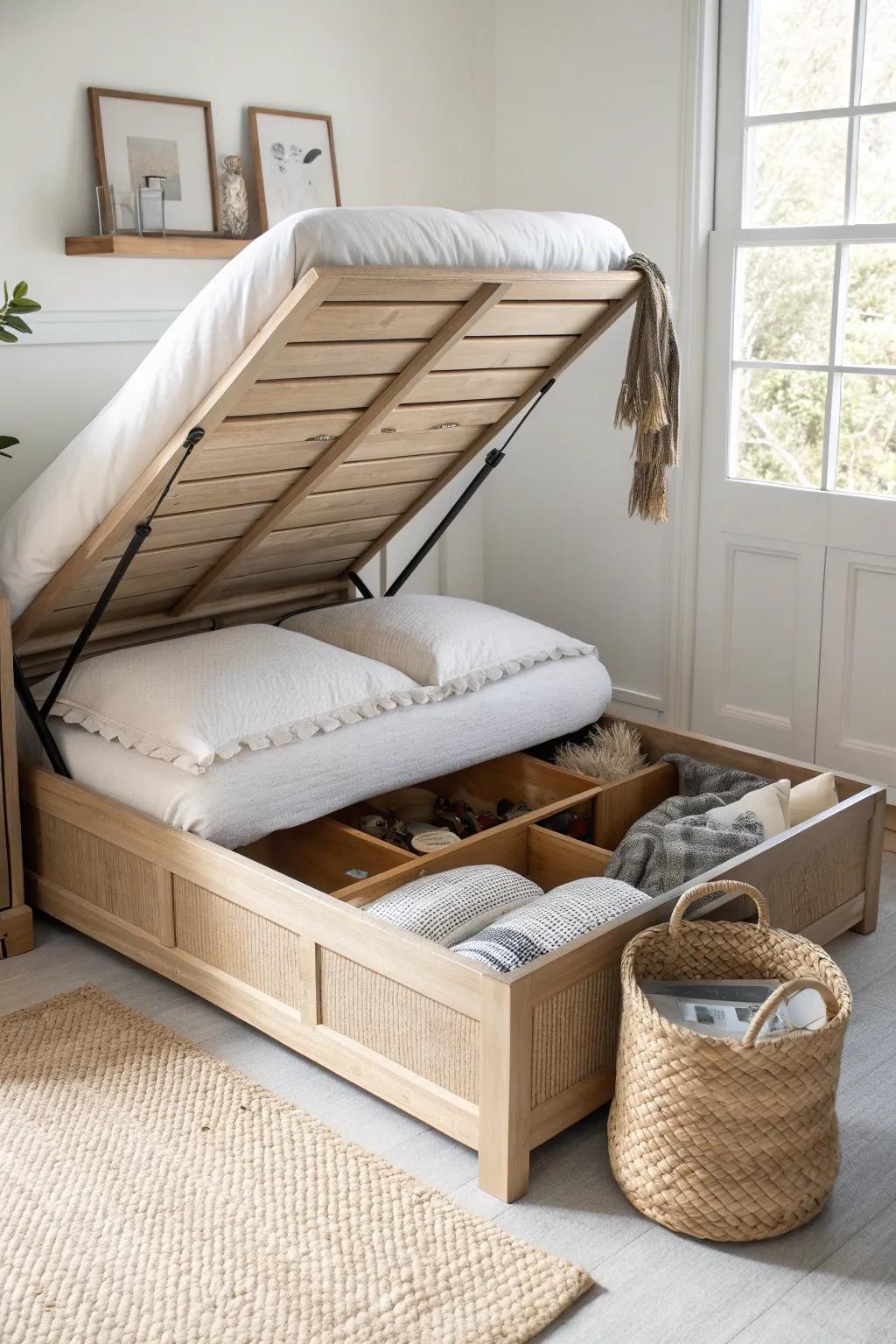 A lift-up bed platform turns dead space into hidden storage for bulky bedding—so clean, so clever.