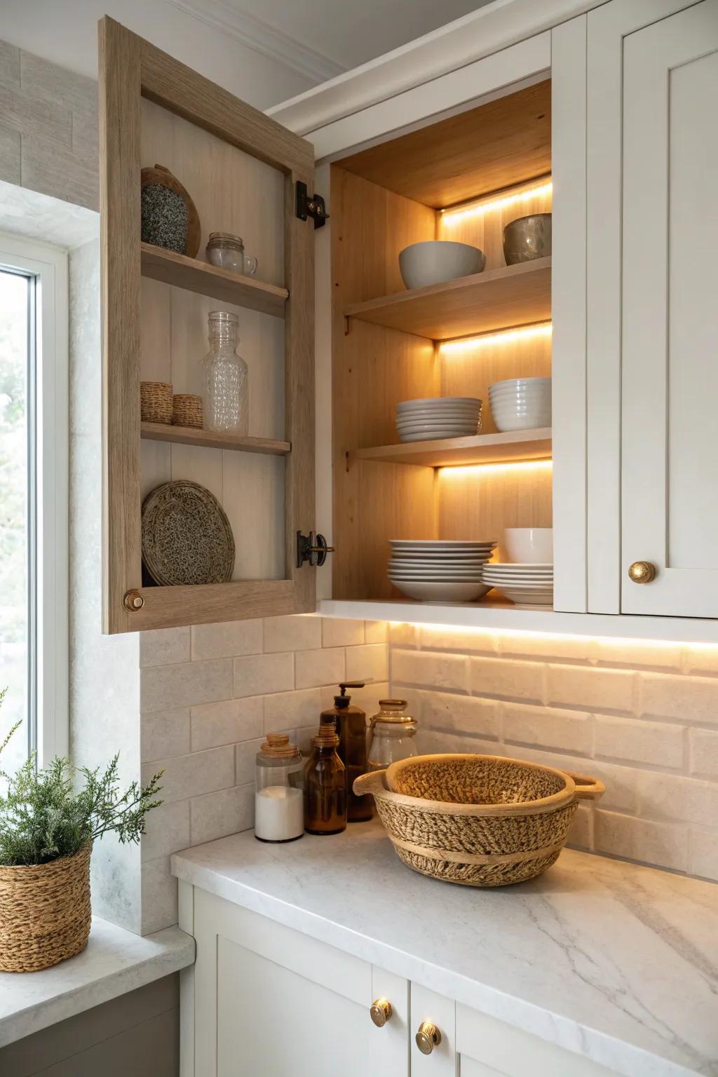 Warm puck lights turn an upper corner cabinet into a bright, usable storage spot.