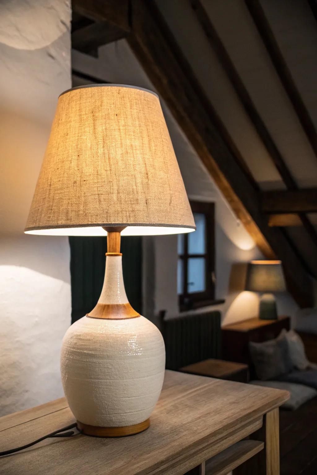 A warm desk lamp turns a shadowy loft corner into a cozy, late-night work nook.