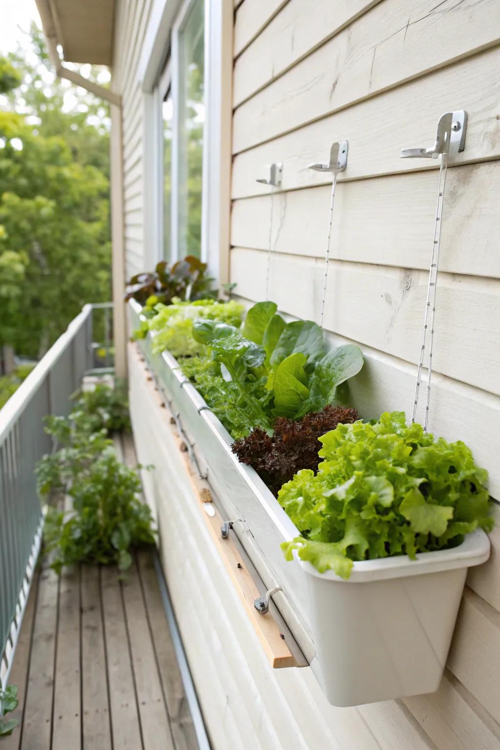 A rain-gutter “salad bar” on the wall—fresh greens in a sleek, space-saving strip.