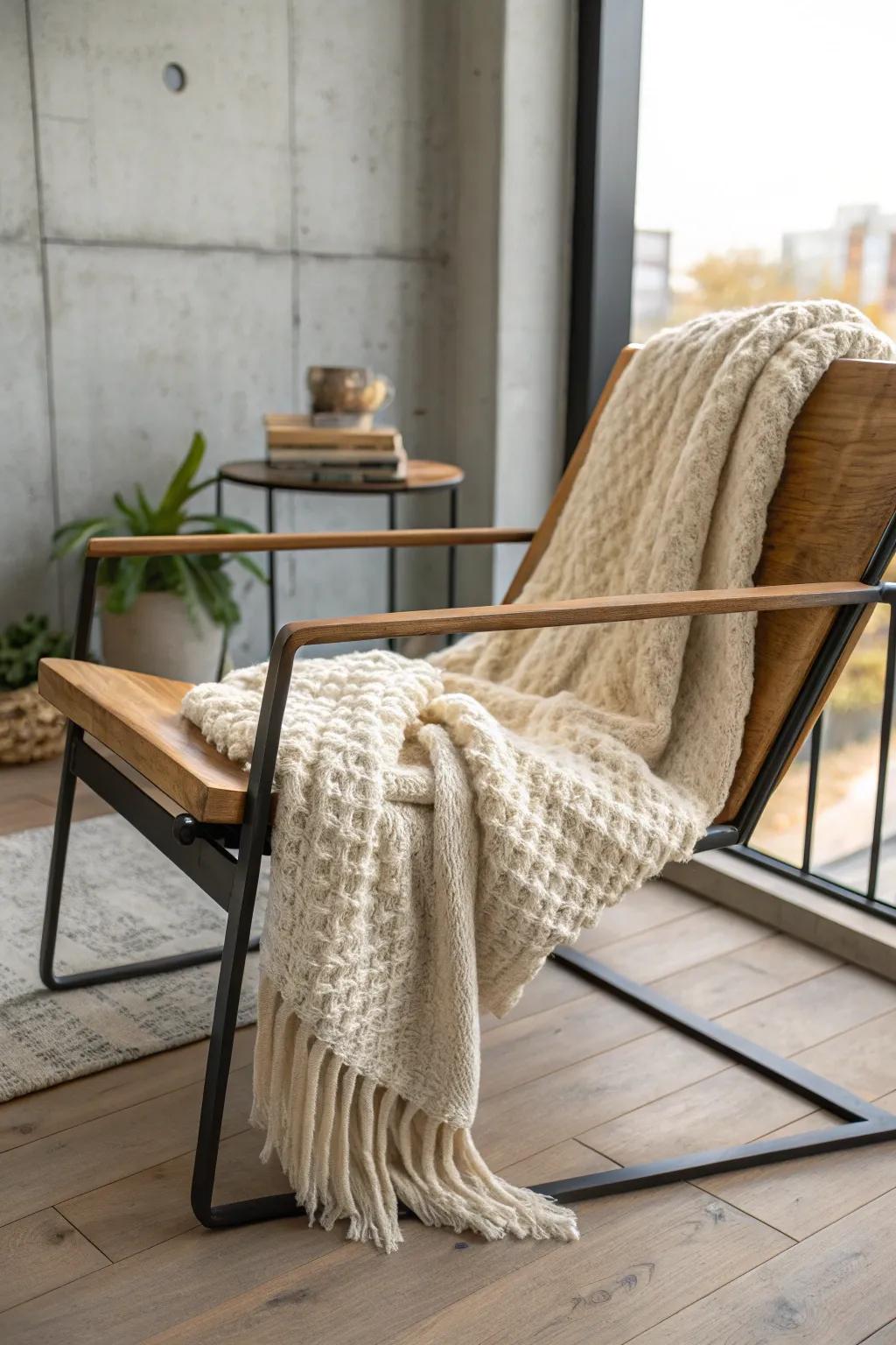 Industrial metal meets chunky knit—soft layers that warm up a small loft-style living room.