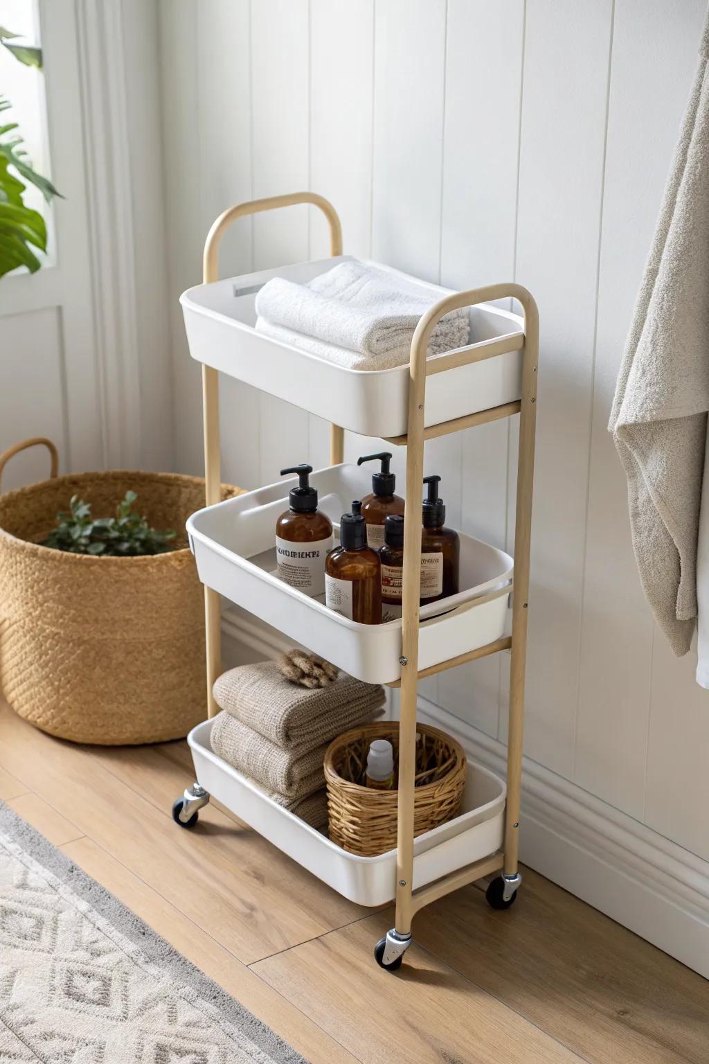 Slim rolling cart storage: vertical, drill-free, and beautiful for tiny corners.