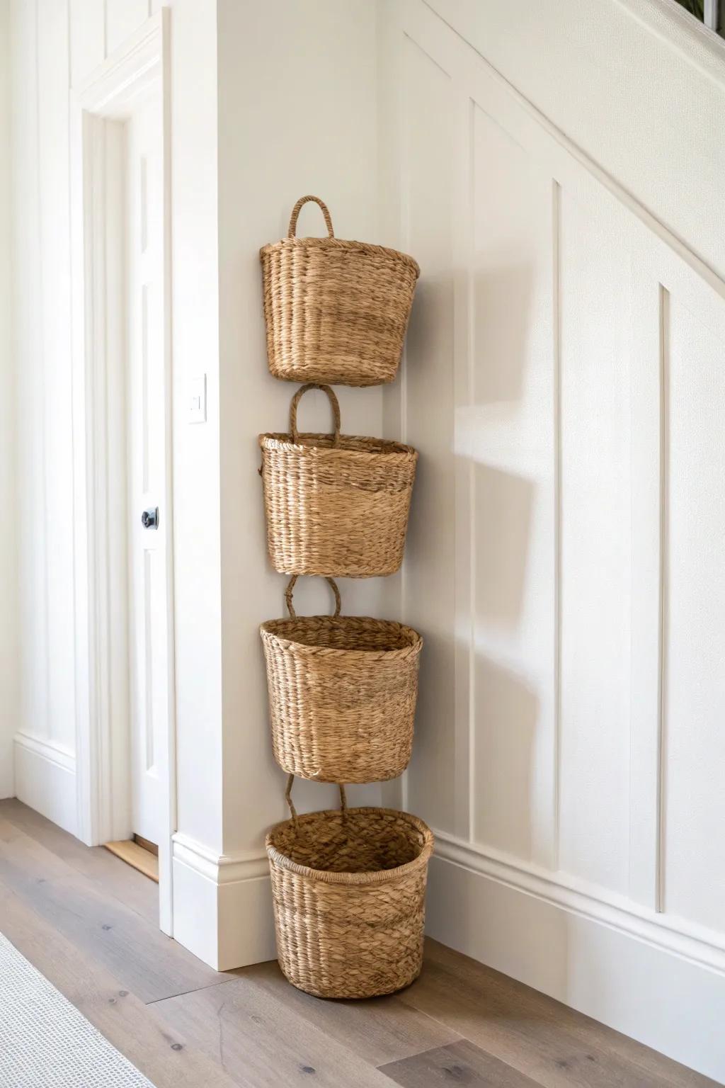 A simple vertical line of woven baskets adds warm texture—perfect for narrow blank walls.