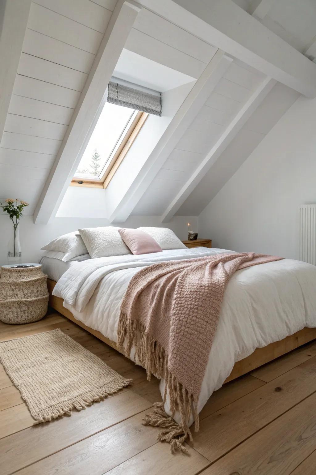 Layer linen, wool, and a chunky knit throw to turn a tiny attic bed into a cozy cocoon.