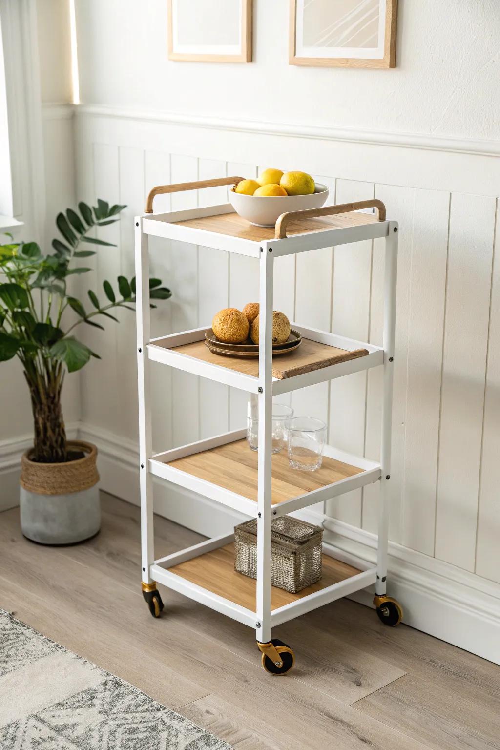 A slim rolling cart adds prep space and storage—then tucks away when you’re done.