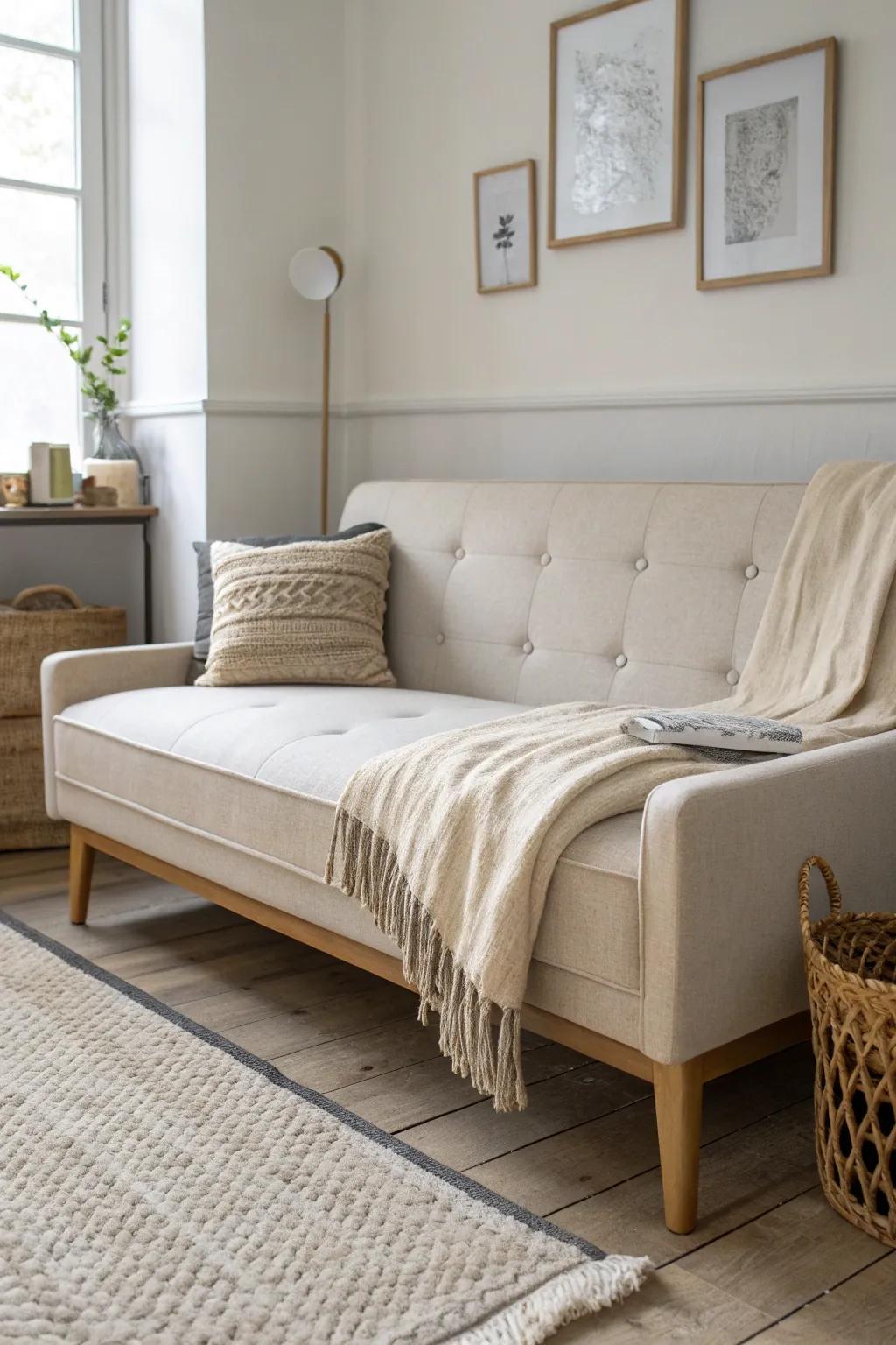 A compact sleeper sofa that keeps your studio tidy—plus a labeled bin for instant guest bedding.