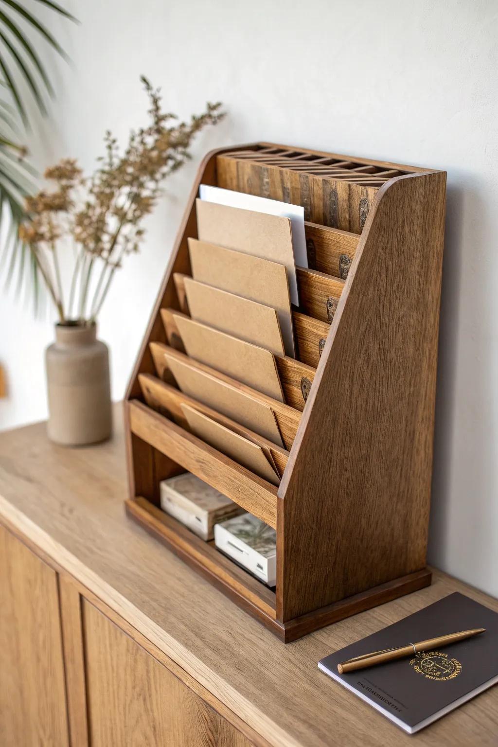 A vintage mail sorter that turns paper piles into a calm, beautiful drop zone.