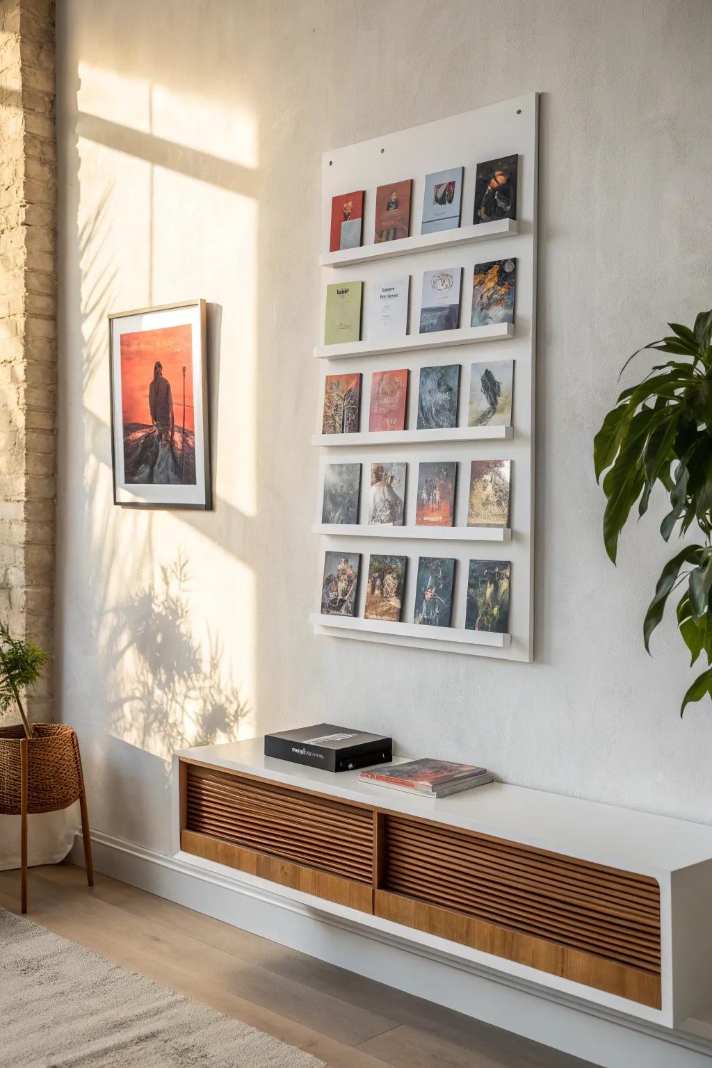 Turn album covers into wall art—color-organize your vinyl display for bold, tidy impact.