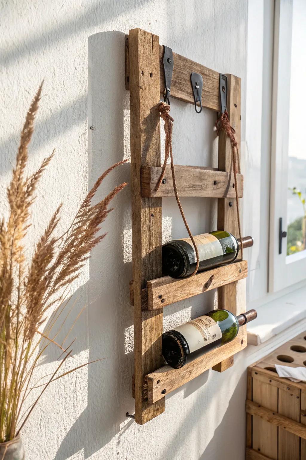 Rustic pallet wine rack: small-space wall storage that adds warmth, texture, and function.