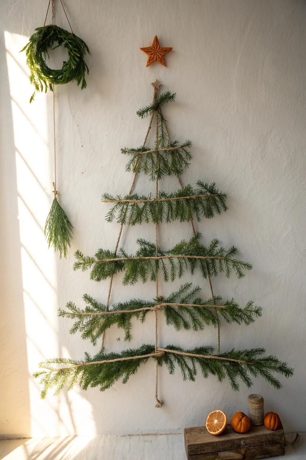 Foraged pine layers create a chic wall tree—fresh, minimal, and beautifully handcrafted.