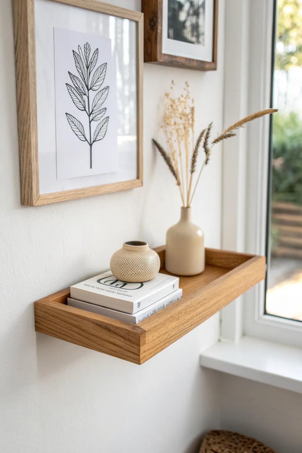 A tiny corner shelf creates a vertical reading nook moment—styled light, airy, and floor-friendly.