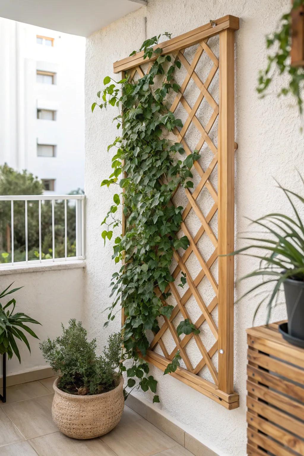 Light wood lattice + climbing vines create a breezy privacy wall for tiny balconies.