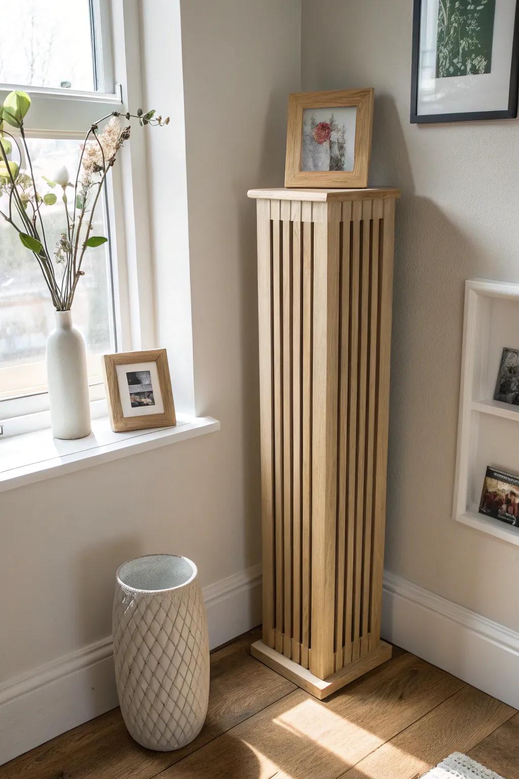 Turn a narrow corner into decor: a tall heater cover with airy display ledges.