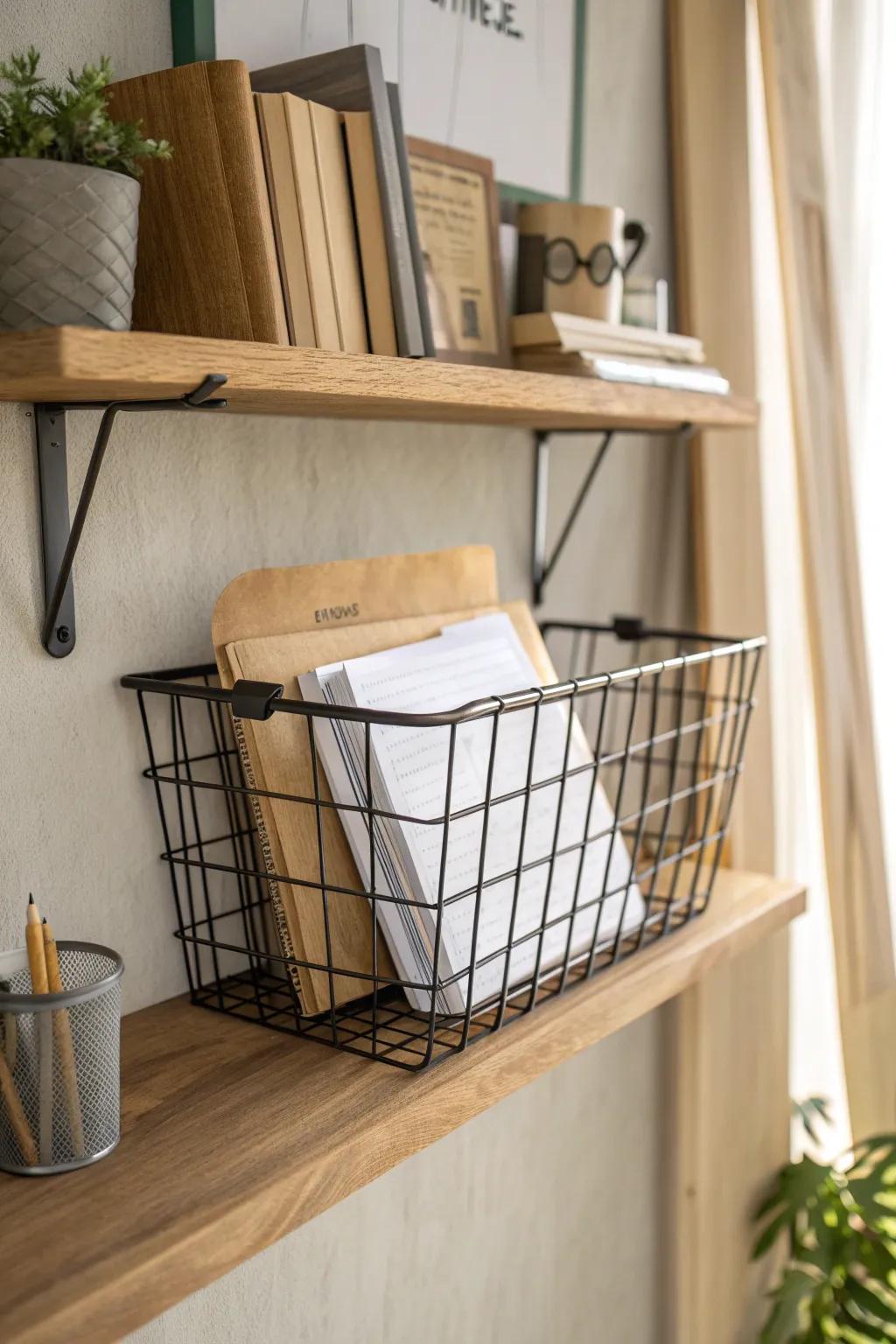 Double your shelf storage with an under-shelf wire bin—keeps notebooks tidy and surfaces styled.