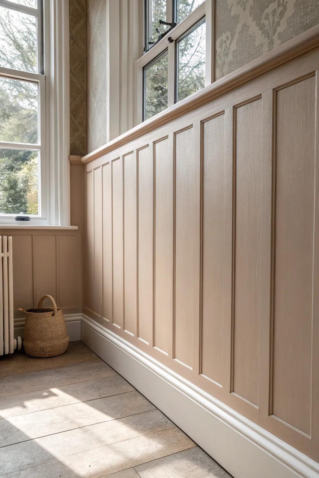 Tone-on-tone painted paneling adds quiet luxe depth—ideal for small spaces without visual noise.