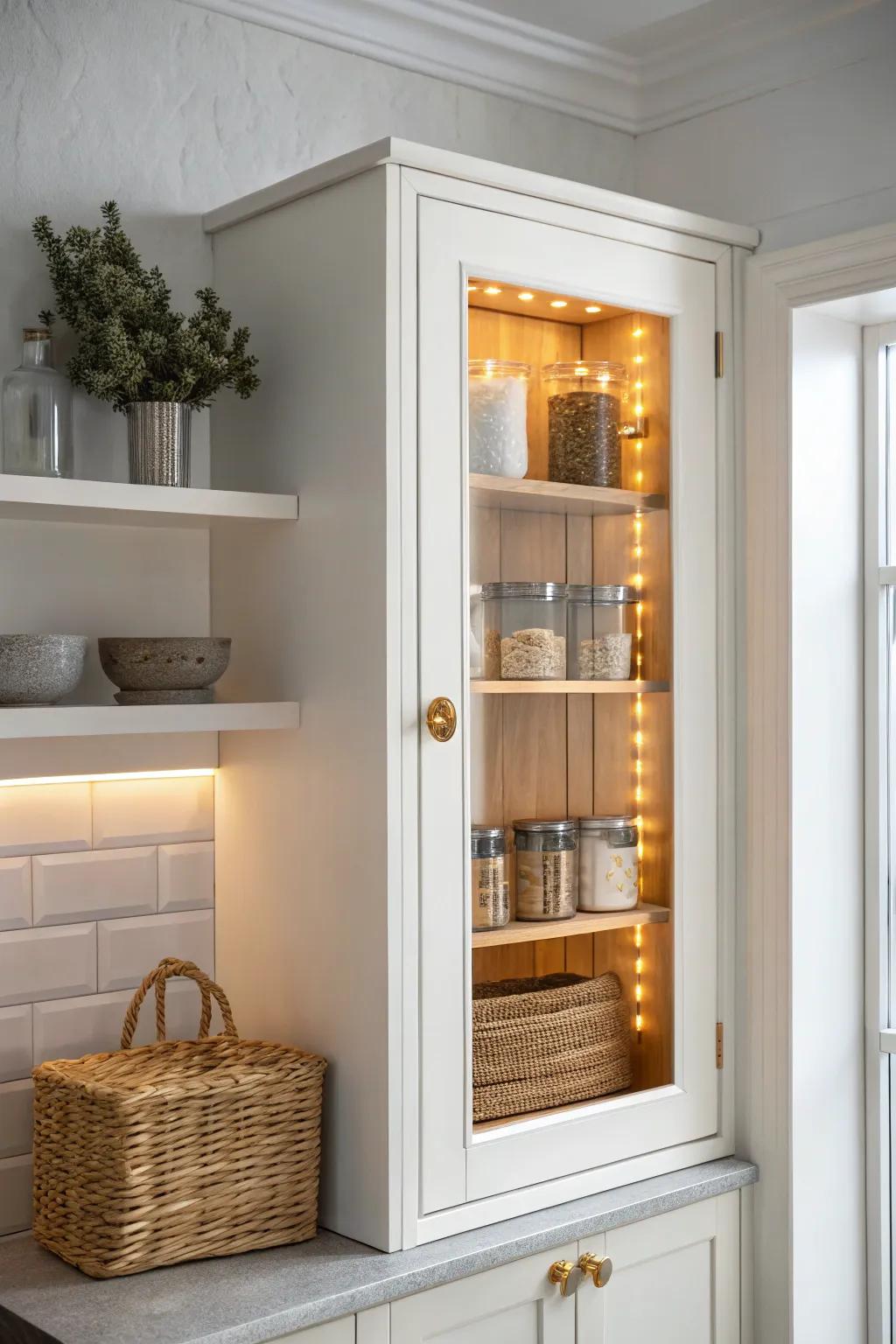 Warm LED-lit wall pantry cabinet—every spice visible, cozy, minimal, and beautifully practical.