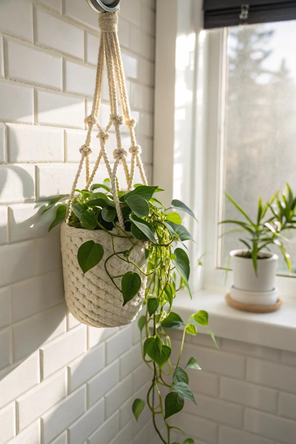 A single macramé wall planter brings spa-like greenery to even the tiniest bathroom.